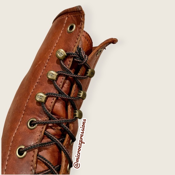 Frye Karen Cognac Leather Combat Lace Up Combat Wood Block Heeled Ankle Booties - Picture 9 of 14